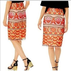 ECI Red Orange Black Patterned Pencil Skirt Stretch Medium MIDI Versace Style.